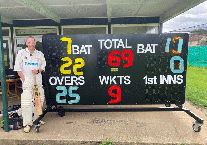 A person standing in front of a scoreboard

Description automatically generated
